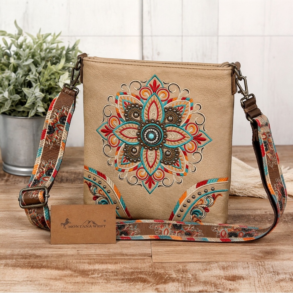 Montana West Embroidered Mandala Crossbody Bag Boho Western Purse Beige